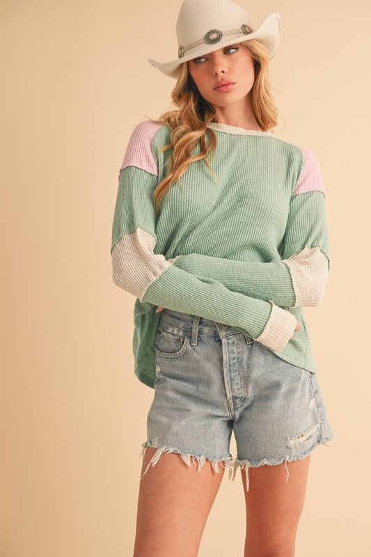 Aemi + Co Raw Seam Color Block Round Neck Knit Top Tops