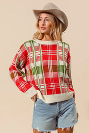 SO ME Christmas Color Checkered Plaid Crew Neck Sweater | Sweaters Daverri Fashions