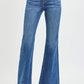 RISEN mid rise flare jeans in blue denim with frayed hem