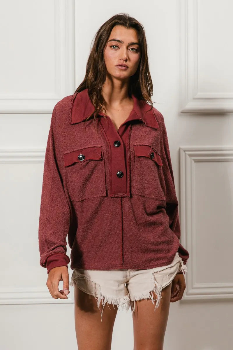 BiBi Cp French Terry Cut Edge Detail Collared Top | Tops Daverri Fashions