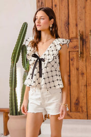 SO ME Bow Texture Jacquard Woven Top with Scallop and Tie | Blouses Daverri Fashions