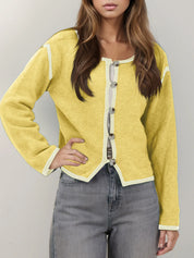 Yellow Button-Front Cardigan with Contrast Trim | Cardigans Daverri Fashions
