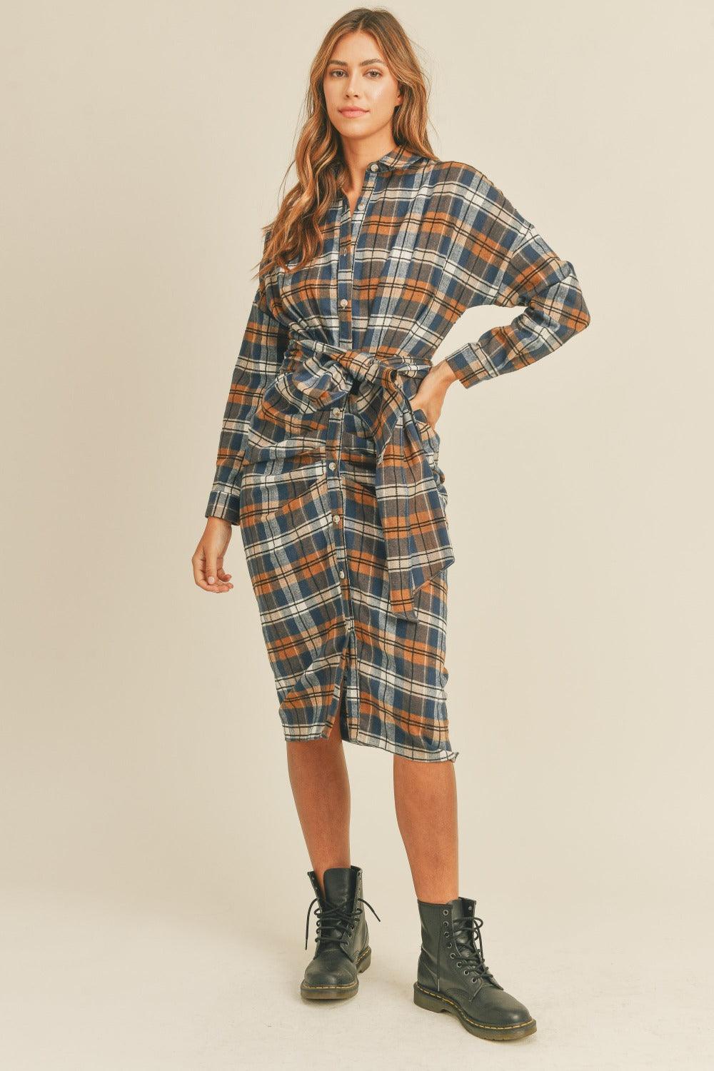 Mable Plaid Flannel Front Tie Button Down Shirt Dress Camel Midi Dresses