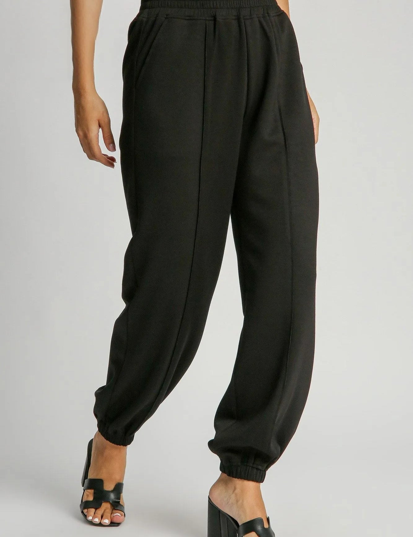 Black L Umgee Drawstring Jogger Pants with Front Seam Detail Black | Sweatpants Daverri Fashions