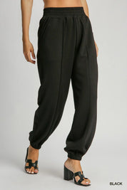 Black L Umgee Drawstring Jogger Pants with Front Seam Detail Black | Sweatpants Daverri Fashions