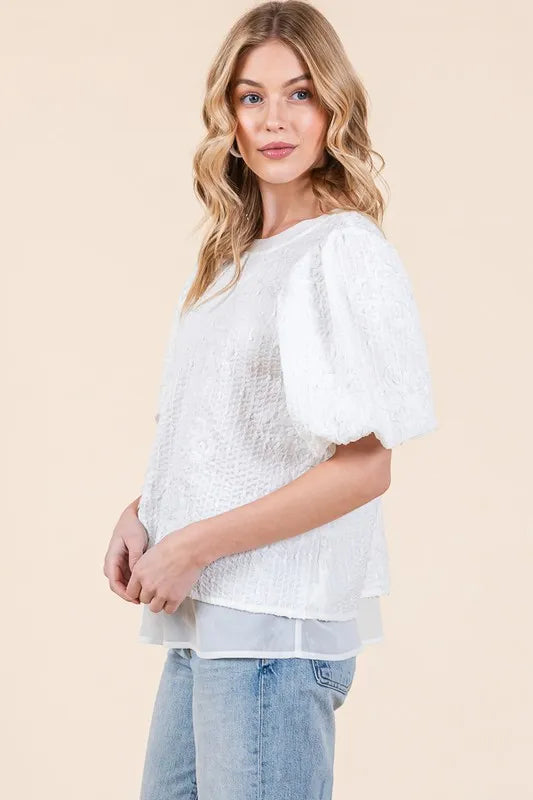 Lime 'N' Chili Floral Textured Puff Sleeve Top