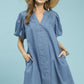 Umgee Chambray Puff Sleeve Dress in light blue denim with button front