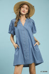 Umgee Chambray Puff Sleeve Dress in light blue denim with button front