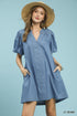 Umgee Chambray Puff Sleeve Dress in light blue denim with button front