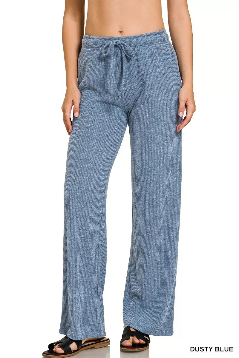 Ribbed Drawstring Lounge Pants Dusty Blue - DAVERRI FASHIONS