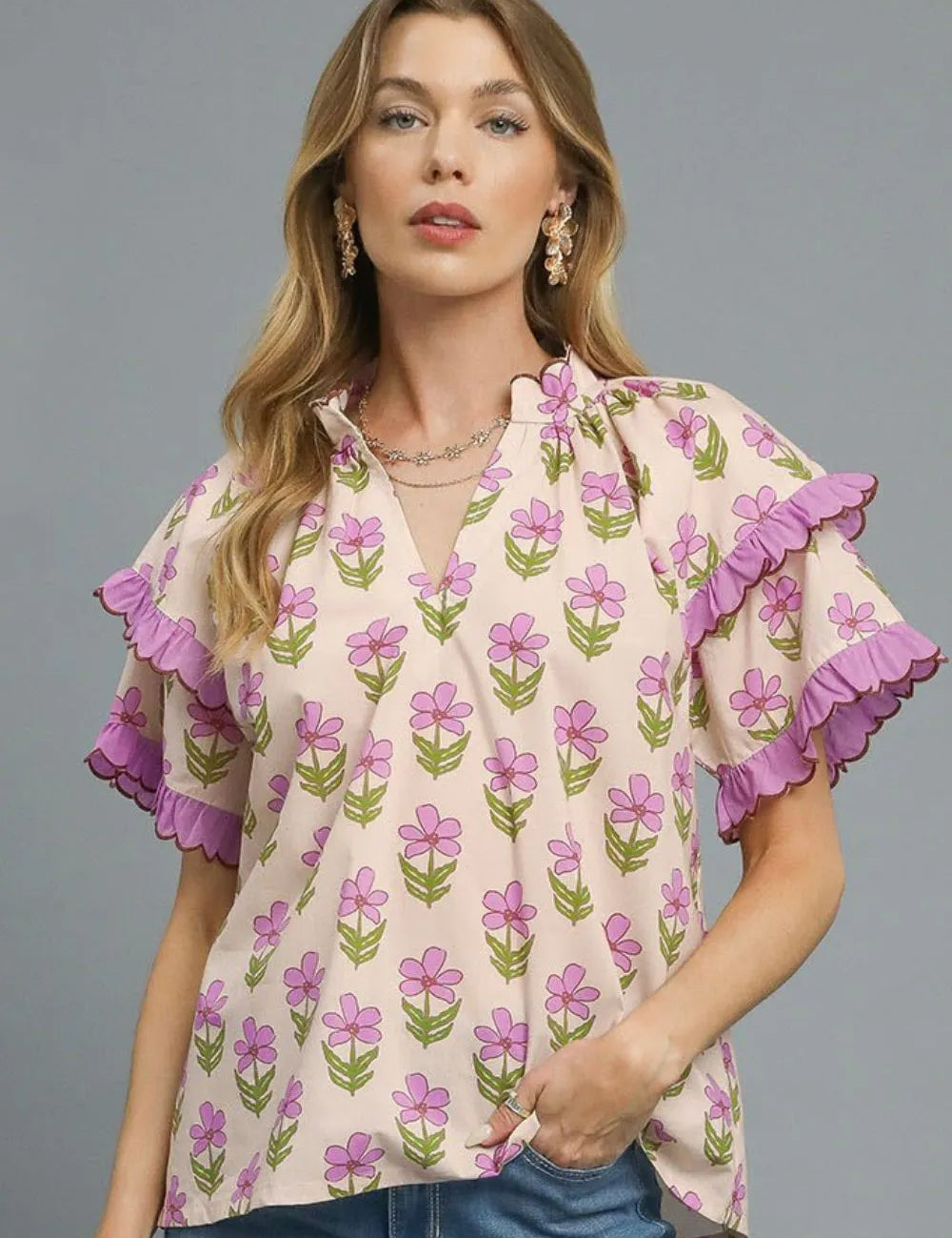 Umgee Floral Print Ruffle Short Sleeve Blouse | Daverri Fashions