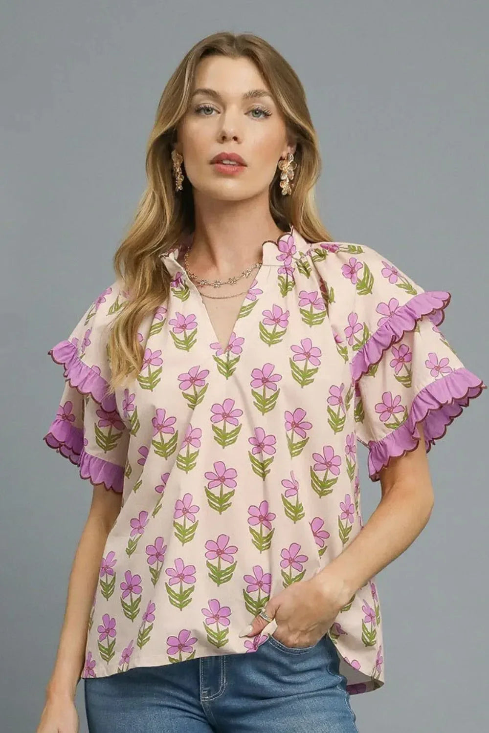 Umgee Floral Print Ruffle Short Sleeve Blouse - DAVERRI FASHIONS