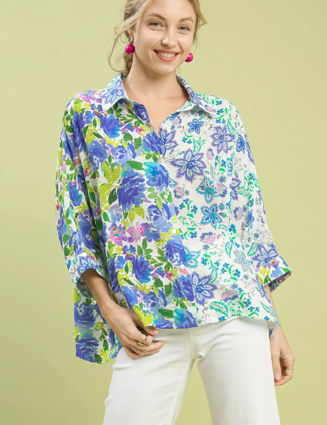 OCEAN MIX Umgee Mixed Floral Oversized Button Down Shirt | Daverri Fashions
