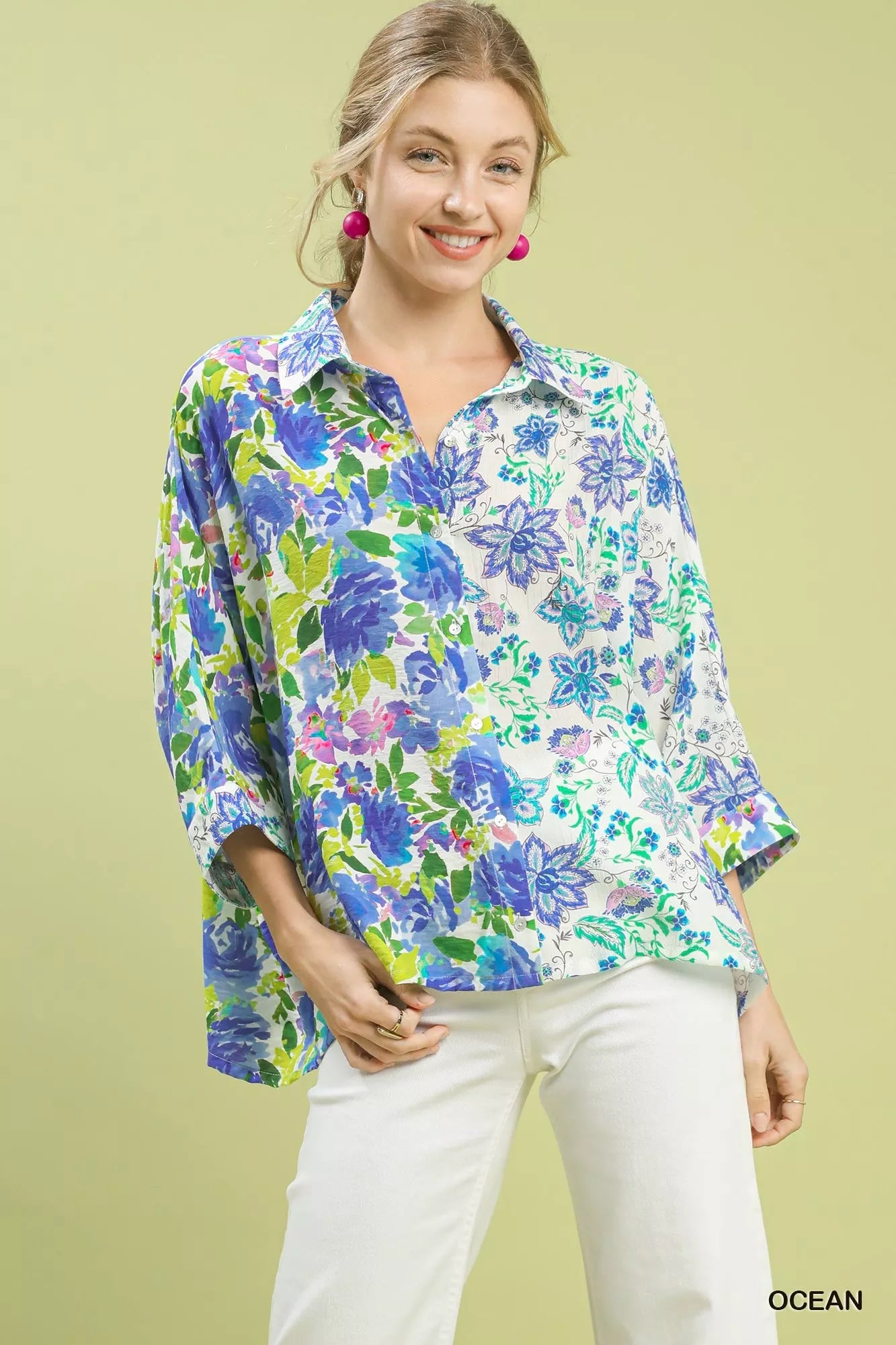 OCEAN MIX Umgee Mixed Floral Oversized Button Down Shirt | Daverri Fashions
