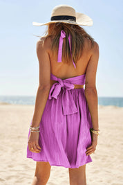 Davi & Dani Smocking Halter Neck Tie Open Back Mini Dress | Mini Dresses Daverri Fashions