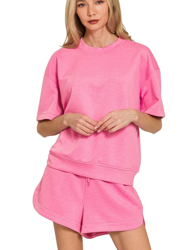 CANDY PINK Zenana Scuba Short Sleeve Top & Shorts Set | Loungewear Sets Daverri Fashions