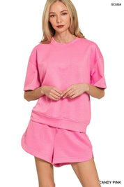 CANDY PINK Zenana Scuba Short Sleeve Top & Shorts Set | Loungewear Sets Daverri Fashions