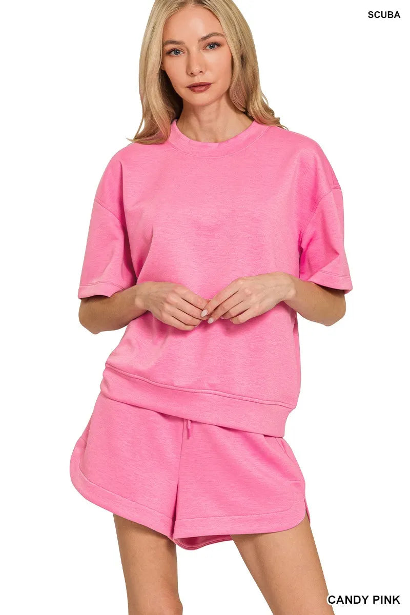 Zenana Scuba Short Sleeve Top & Shorts Set CANDY PINK