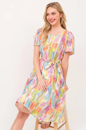Lime 'N' Chili Watercolor Print Tie Front Midi Dress | Daverri Fashions