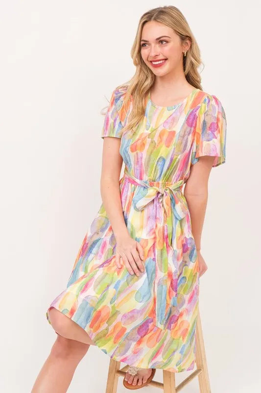 Lime 'N' Chili Watercolor Print Tie Front Midi Dress | Daverri Fashions