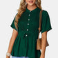 Dark green tied round neck short sleeve peplum blouse with pleated front
