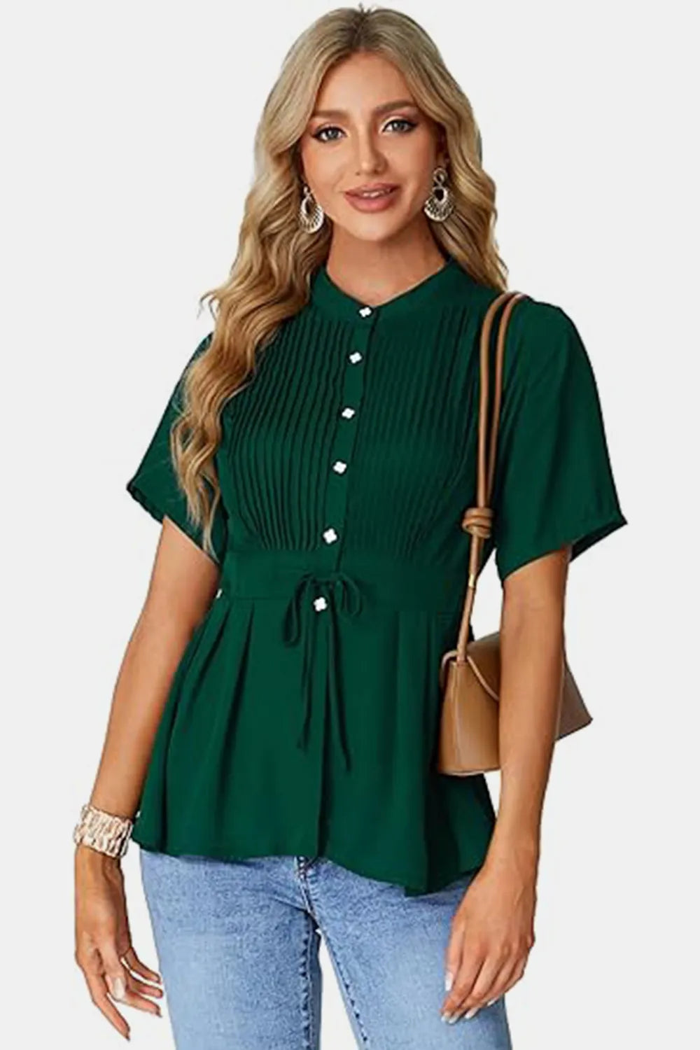 Dark green tied round neck short sleeve peplum blouse with pleated front