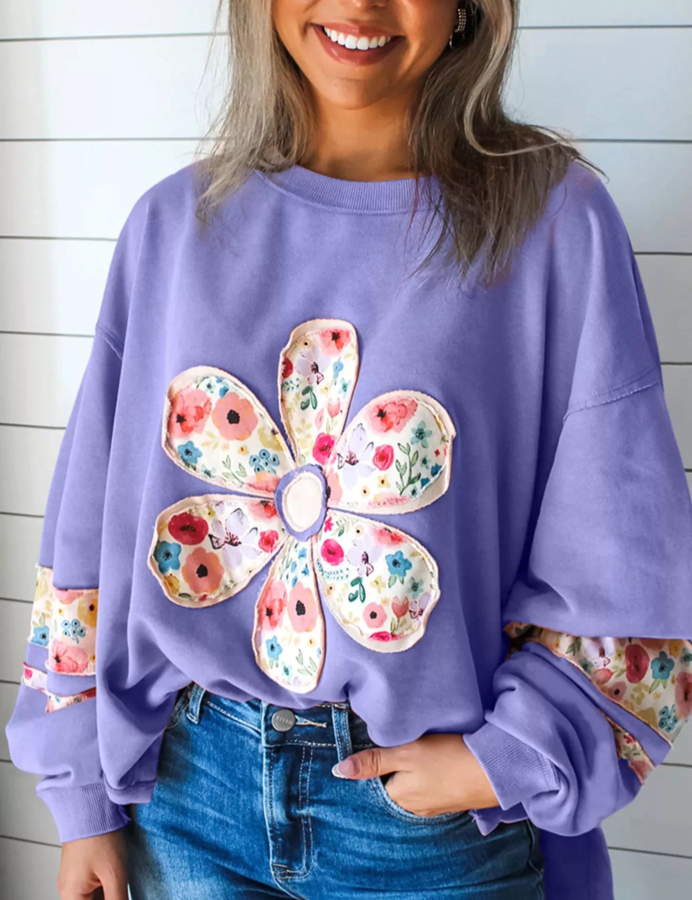 Oversized Floral Applique Drop Shoulder Sweatshirt | Sweatshirts Daverri Fashions