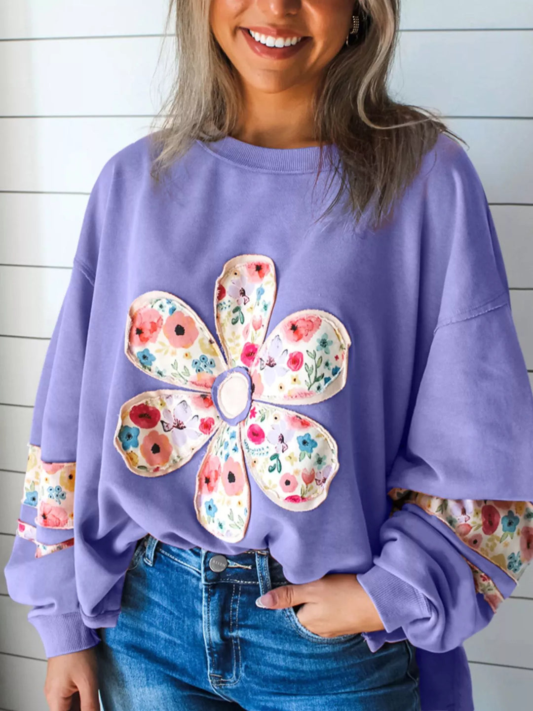 Oversized Floral Applique Drop Shoulder Sweatshirt | Sweatshirts Daverri Fashions
