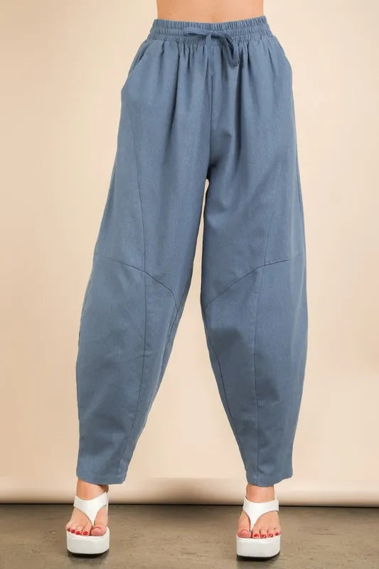 VERY J Denim Blue Solid Barrel Comfy Woven Pants Pants