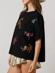 Sequin Tiger Round Neck T-Shirt | T-Shirts Daverri Fashions