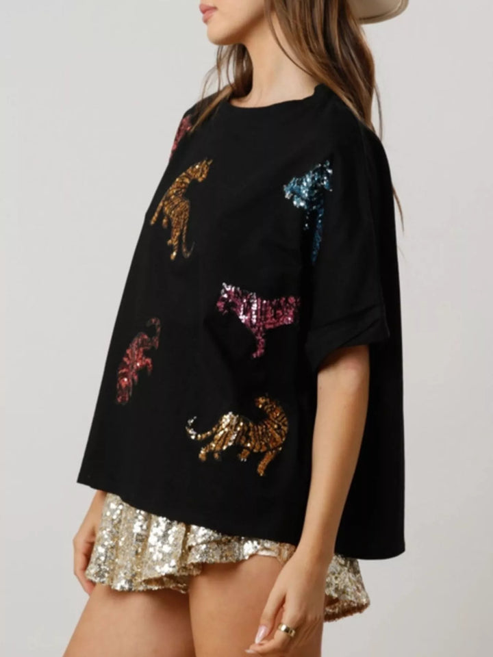 Sequin Tiger Round Neck T-Shirt | T-Shirts Daverri Fashions