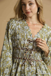 Umgee Floral Smocked Peplum Blouse with Tie Detail | Daverri Fashions