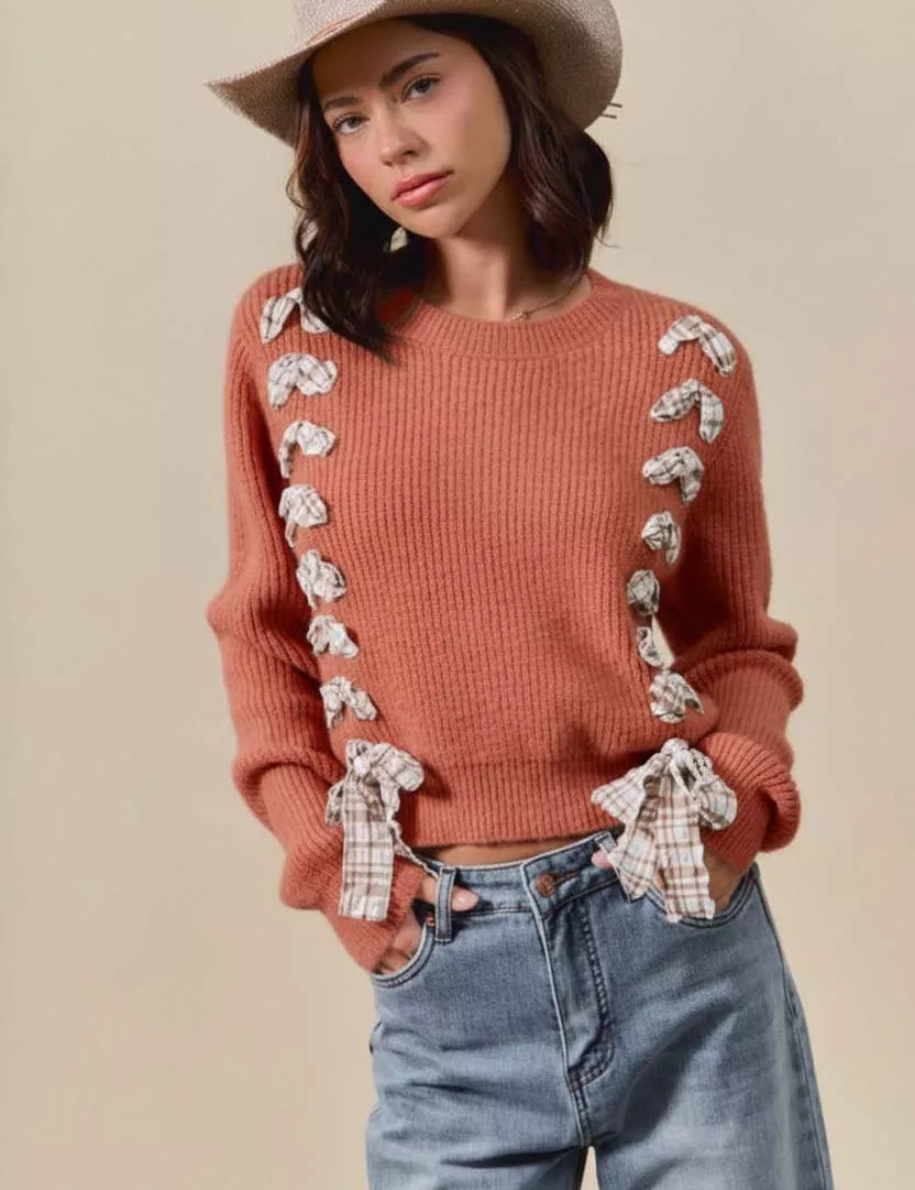RUST SO ME Checkered Plaid Tape Lace Up Ribbed Sweater | Sweaters Daverri Fashions