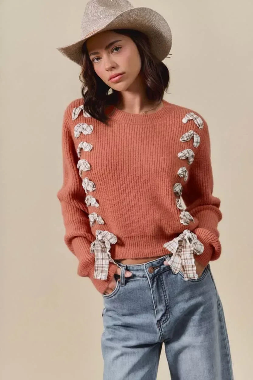 SO ME Checkered Plaid Tape Lace Up Ribbed Sweater Rust - DAVERRI FASHIONS