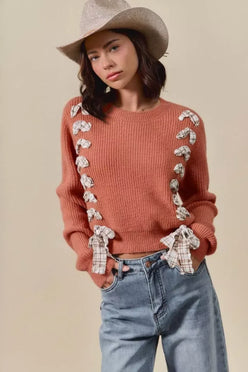 SO ME Checkered Plaid Tape Lace Up Ribbed Sweater Rust - DAVERRI FASHIONS