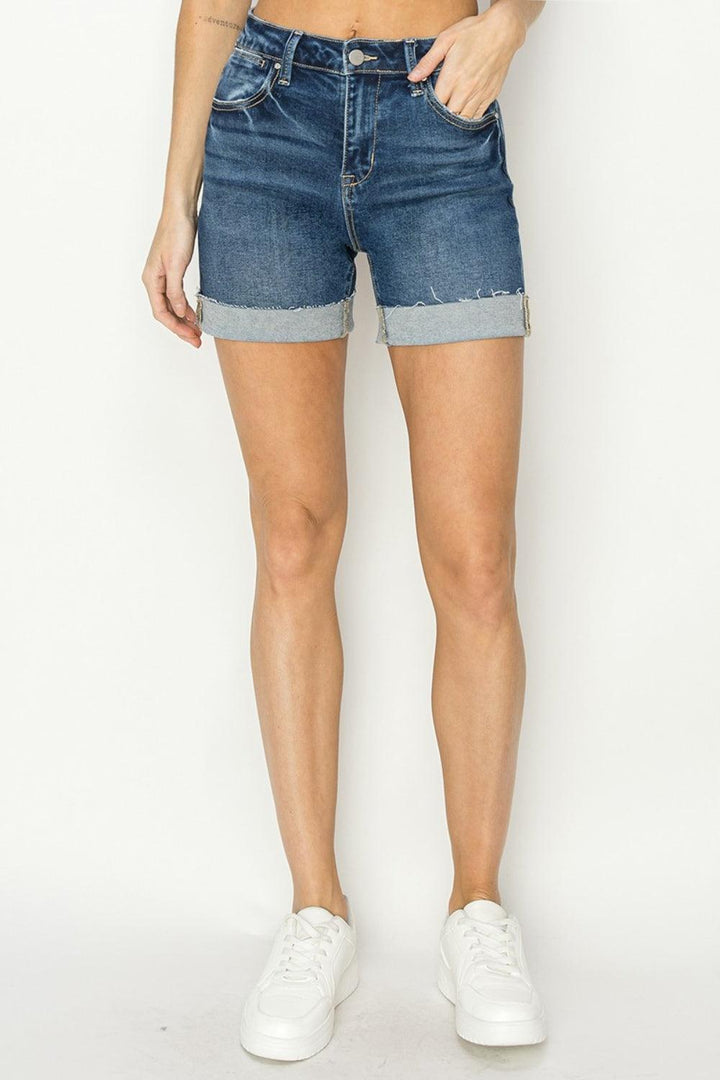 RISEN High Rise Cuffed Denim Shorts Shorts