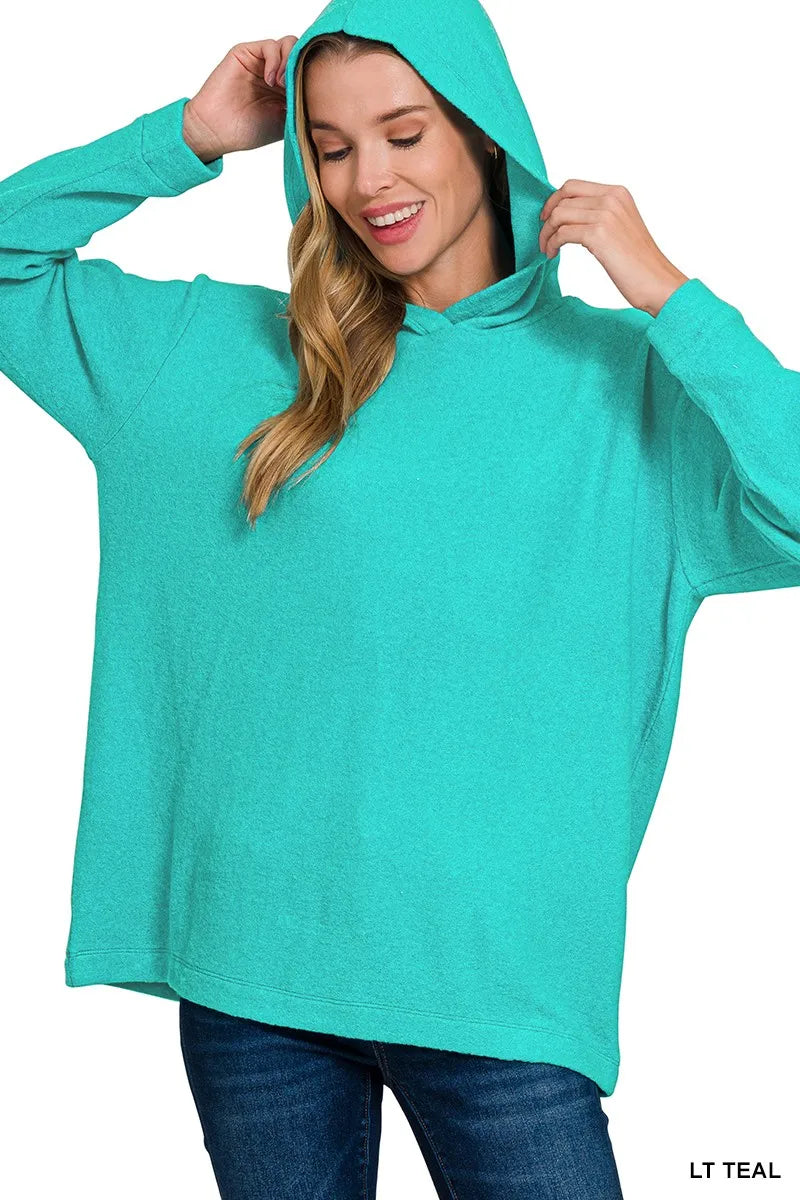 Zenana Hooded Brushed Melange Hacci Sweater LT TEAL Sweaters