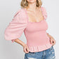 GeeGee Full Size Ruffled Smocked Frill Square Neck Top Plus Size Tops
