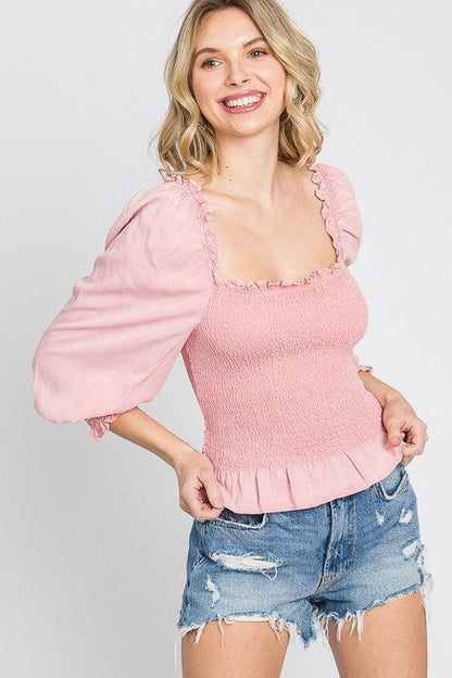 GeeGee Full Size Ruffled Smocked Frill Square Neck Top Plus Size - DAVERRI FASHIONS