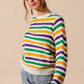Vibrant SO ME Mardi Gras color stripe knit sweater top with purple, green, yellow, and white horizontal stripes