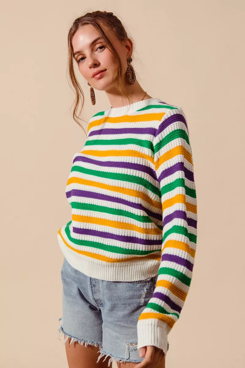 Vibrant SO ME Mardi Gras color stripe knit sweater top with purple, green, yellow, and white horizontal stripes