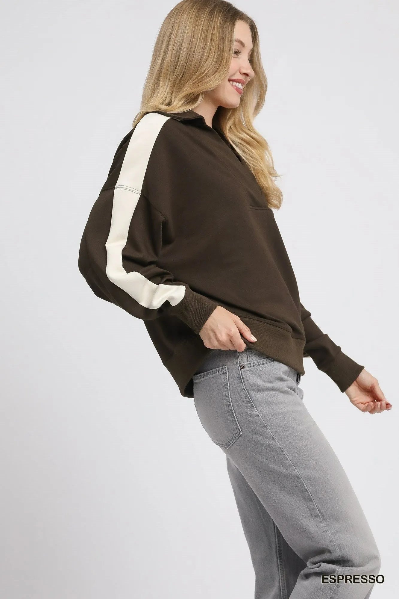 Umgee Color Block Polo Sweatshirt Sweatshirts
