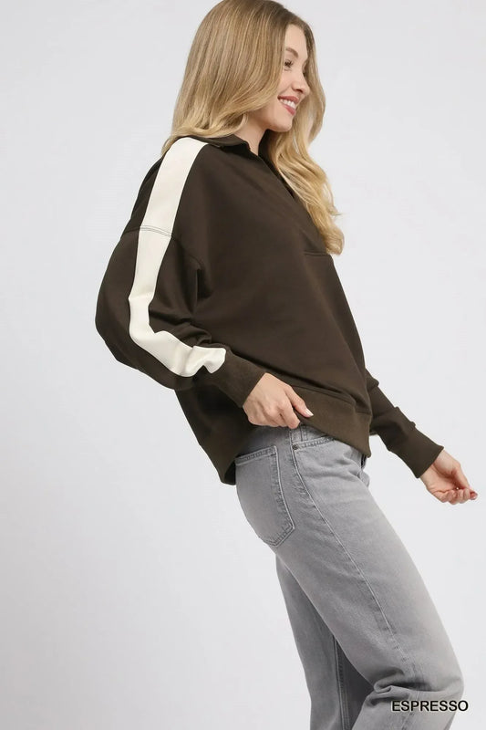 Umgee Color Block Polo Sweatshirt - DAVERRI FASHIONS