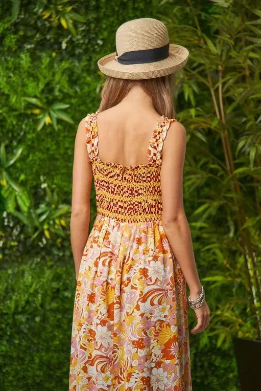 Davi & Dani Multi Smocked Bodice Geo Ruffle Strappy Midi Dress - DAVERRI FASHIONS