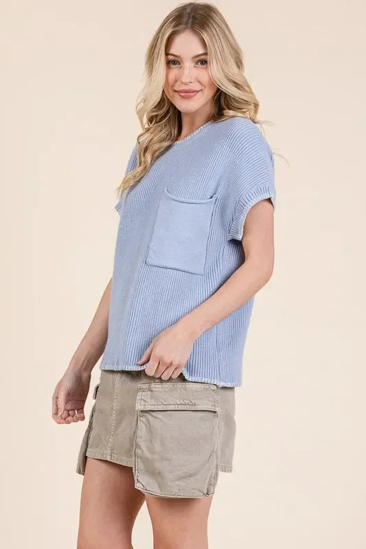 Lime 'N' Chili Solid Cap Sleeve Stitch Edge Knit Sweater - DAVERRI FASHIONS