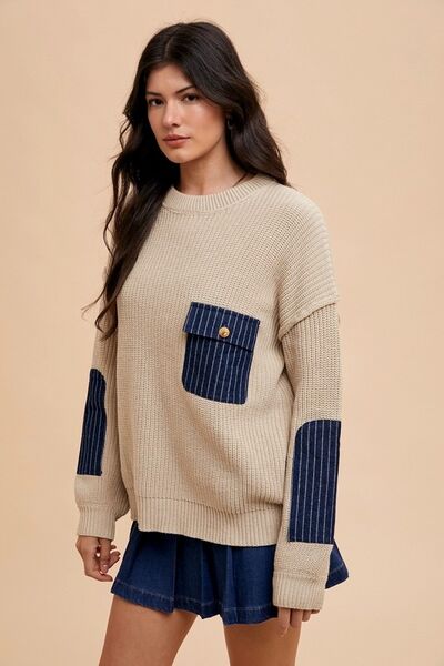 Annie Wear Contrast Round Neck Drop Shoulder Sweater with Patch Pocket Sweaters