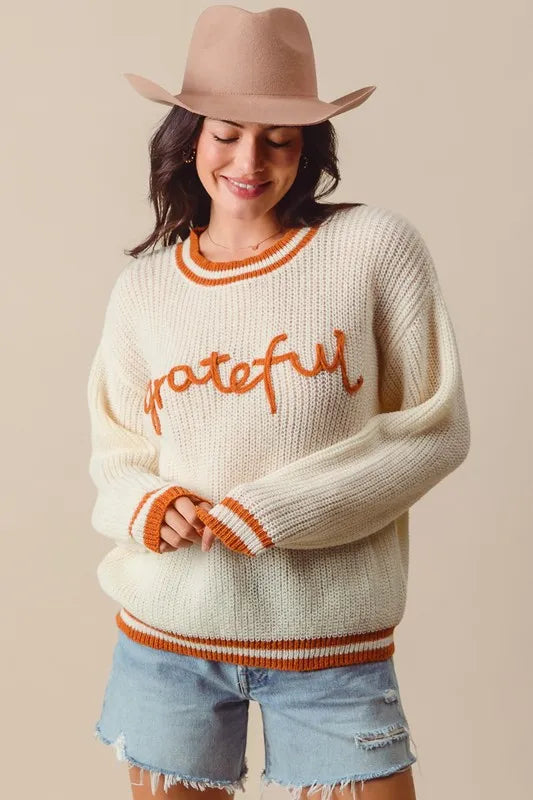 SO ME Thanksgiving Grateful Lettering Stitch Sweater Sweaters