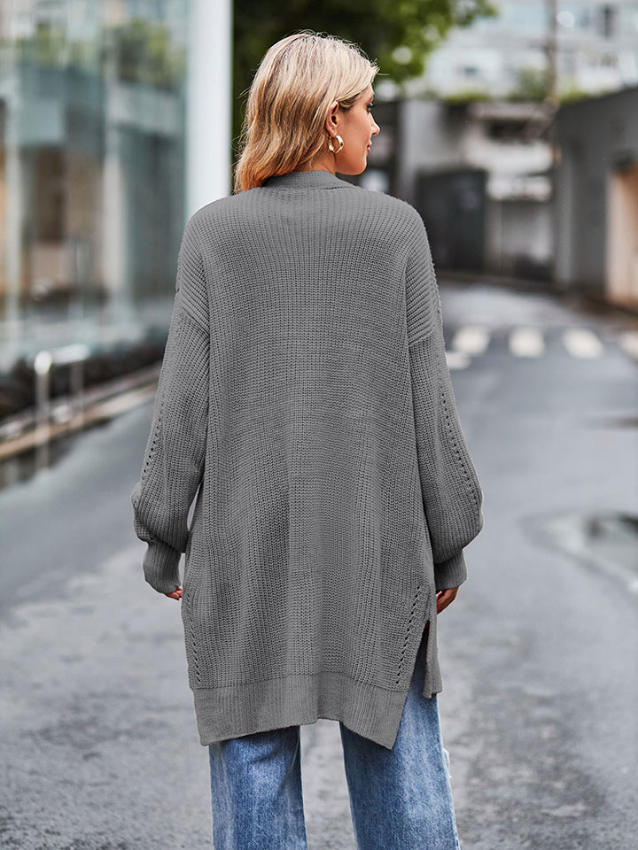 Gray long-sleeve waffle-knit cardigan with textured weave and side slits