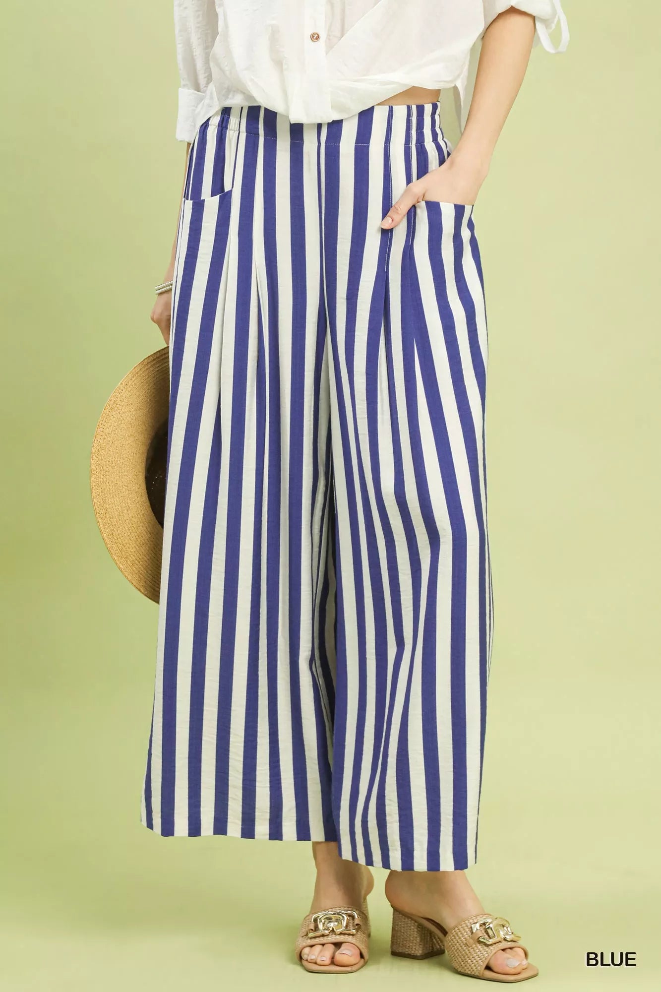 Blue and white vertically striped Umgee wide-leg pants