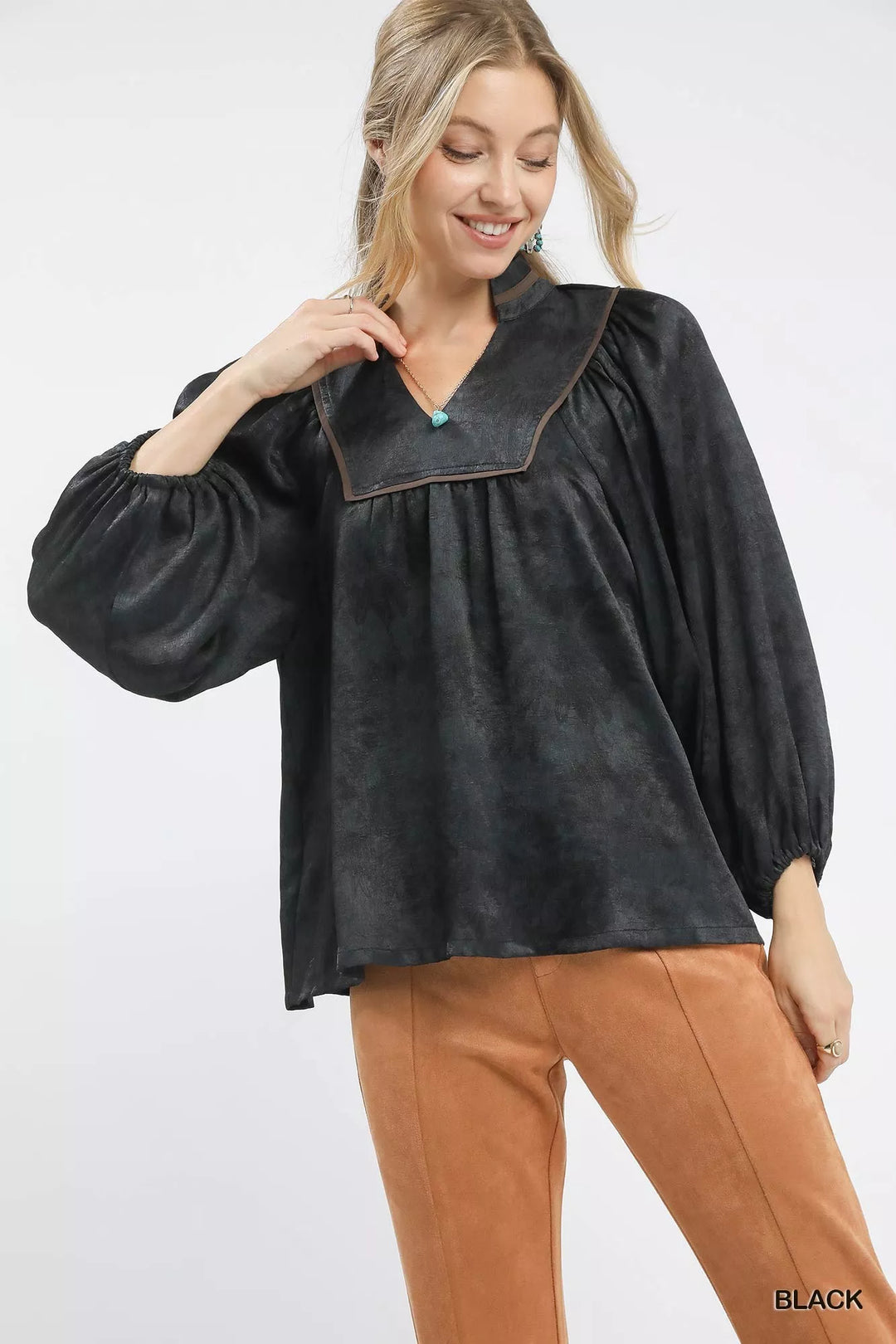 Black Umgee Crinkle Brocade Long Sleeve Blouse | Blouses Daverri Fashions